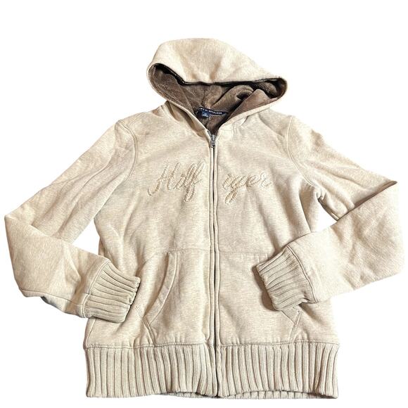 TOMMY HILFIGER Vintage Y2K Brown Tan Zip Up Hooded Jacket Small Fleece Lined - Picture 1 of 4